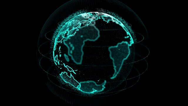 Rotating Globe with Shining Continents 4K 3D Loop Animation With Alpha. Technology Network Data Connection. Network Marketing and Cyber Security global communication Concept.