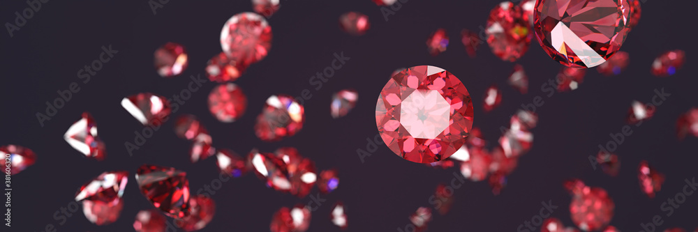 Poster ruby gem diamond group falling background soft focus bokeh 3d rendering