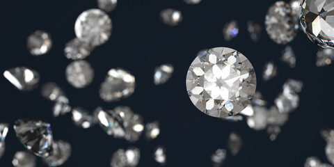 White diamonds group falling soft focus bokeh background 3d