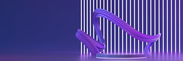 Violet Stage Platform with neon light For Product Display 3D Rendering