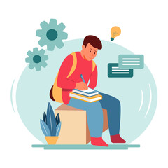 a man writes the idea he gets while thinking on paper flat illustration concept design