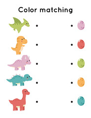 Educational color matching game. Printable worksheet for preschool children. Match dinosaur to eggs. Learning colours.