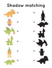 Shadow matching educational game for preschool children. Cute cartoon dinosaurs with Birthday hats. Kawaii vector characters. Printable worksheet.