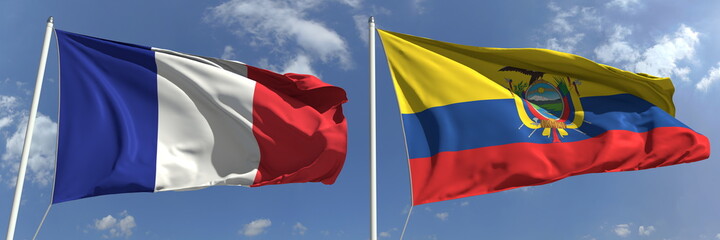 Flying flags of France and Ecuador on sky background, 3d rendering