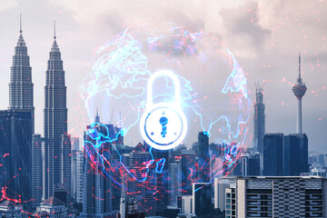 Padlock icon hologram over panorama city view of Kuala Lumpur to protect business, Malaysia, Asia. The concept of information security shields. Double exposure.