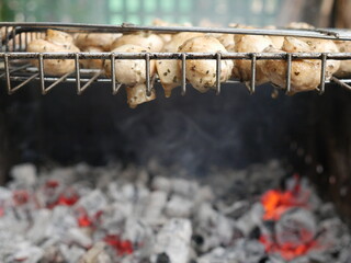 the mushrooms on the grill. Side view. Fire