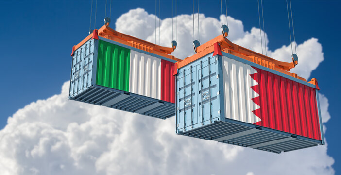 Freight containers with Italy and Bahrain national flag. 3D Rendering