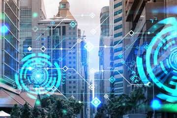 Technology hologram over panorama city view of Singapore. The largest tech hub in Asia. The concept of developing coding and high-tech science. Double exposure.