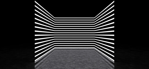 Glowing stripes form a room. Luminous stripes in dark space. 3D Render