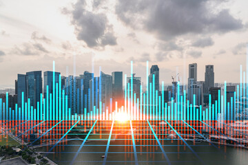 Glowing FOREX graph hologram, aerial panoramic cityscape of Singapore at sunset. Stock and bond trading in Asia. The concept of fund management. Double exposure.