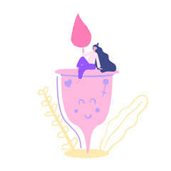 Cute girl sits with drop in her hands on large menstrual Cup. Monthly cycle, pms. Choose your own protection during your period. Flat vector illustration.
