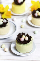 Easter pastel mousse desserts and spring flowers