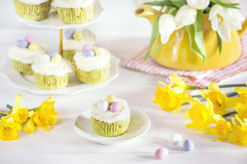 Green Easter cupcakes with colourful eggs