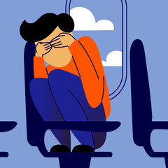 A vector image of a man in the airplane having an aerophobia. A passenger being nervous and in a stress. A color image for a travel poster, flyer or article. - 381611793
