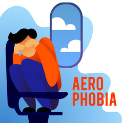 A vector image of a man in the airplane having an aerophobia. A passenger being nervous and in a stress. A color image for a travel poster, flyer or article. - 381611924