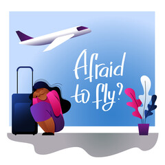 A vector image of a woman having an aerophobia. A passenger being nervous and in a stress. A color image for a travel poster, flyer or article.