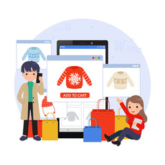 Online shopping illustration. Man and woman using their mobile phone and tablet to shop. E-commerce landing page. Flat vector cartoon design.