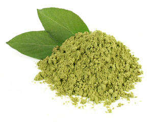 Fresh Sage with Sage Powder isolated on white Background