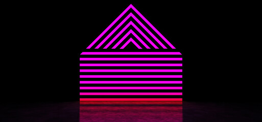 Pyramid of luminous stripes of pink. Glowing abstract geometric shape. The symbol of the house of the luminous stripes of pink. 3D Render