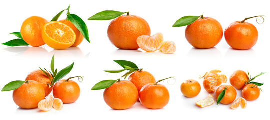 Collage mix set of fresh tangerine fruits with cut and green leaves isolated on white background.