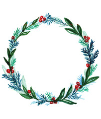 Watercolor Christmas wreaths on a white background isolated. Greeting card.