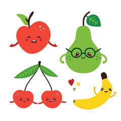 Set, collection of cute fruit characters happy and smiling. Apples, pear, cherry, banana cartoon characters icons. 
