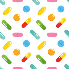 Vector seamless pattern background with colorful pills, vitamins, medications, food suppliments for pharmacy design.
