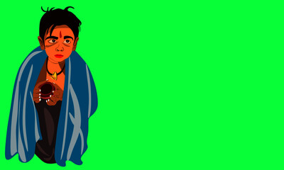 An indian hindu boy kid cartoon standing alone for worshiping on green background abstract art for religious concept.