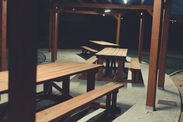 picnic tables with lights