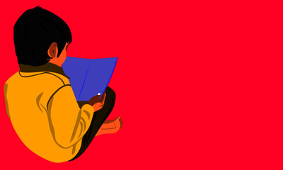 An indian little boy cartoon reading text book alone on pink background abstract art for educational concept.