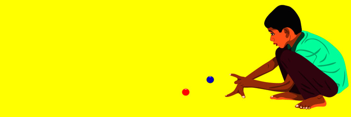 An indian village male cartoon playing marble ball alone on yellow background abstract art for sport activities concept.