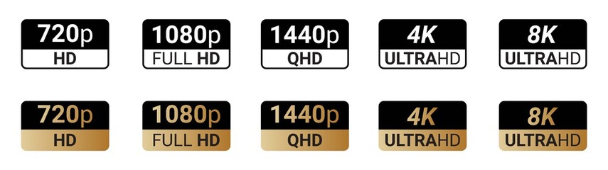 Black, white and golden video or screen resolution icons. Set from 720p to 8k