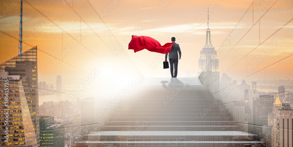 Wall mural Businessman superhero successful in career ladder concept