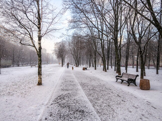 Black footprints in the snow.  Snow storm, snowstorm in the city. The first snow on a dark path and footprints on it. Heavy snowfall in the Park, large snowflakes fall on the sidewalk.