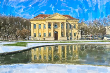 Fototapeta na wymiar Watercolor illustration of Munich Hofgarten park in Wintertime.