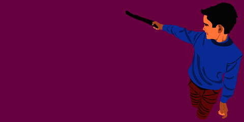 An indian boy cartoon pointing stick alone on purple background abstract art for sport concept.