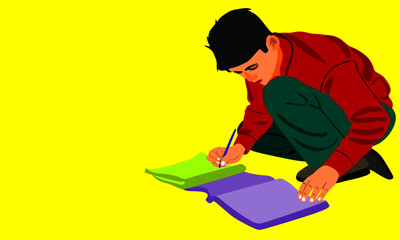 An indian boy cartoon writing text on paper copy alone on yellow background abstract art for educational concept.