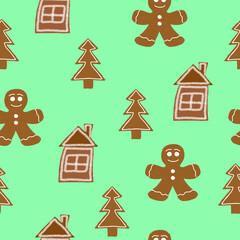 Obraz na płótnie Canvas Christmas seamless pattern with gingerbread cookies on a green background