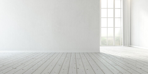 3d rendering of modern empty room with large plain wall and wooden floor.