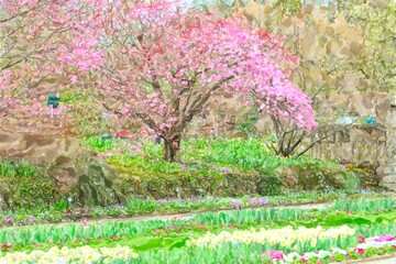 Panele Szklane Podświetlane  Akwarela ilustracja ogrodu botanicznego w Monachium. Czas kwitnienia wiśni.