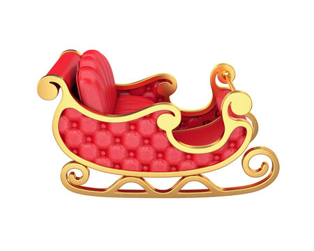 Santa Claus sleigh gold and red leather isolated on white background, 3D render
