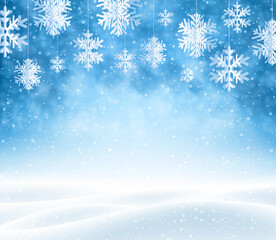 Naklejka na ściany i meble Winter background with snowdrift and snowflakes.