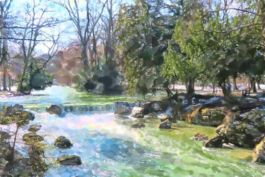 Painting of Eisbach river at English garden in Munich Germany