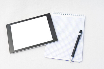 Notebook, pen and tablet, closeup, top view, copy space