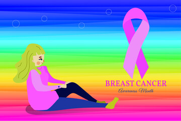 Pink Ribbon Breast Cancer Awareness. A girl sits on a rainbow background.