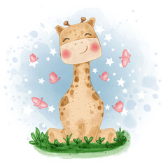 giraffe cute illustration sit down on the grass with butterfly