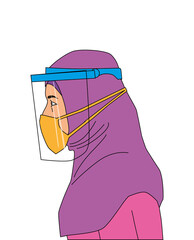 women wearing masks and face shields, hijab