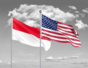 Two realistic flags. United States of America vs Indonesia. Thick colored silky flags of America and Indonesia. 3D illustration on sky background. - Illustration