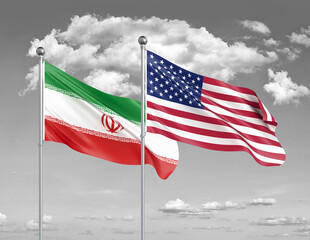 Two realistic flags. United States of America vs Iran. Thick colored silky flags of America and Iran. 3D illustration on sky background. - Illustration