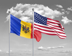 Two realistic flags. United States of America vs Moldova. Thick colored silky flags of America and Moldova. 3D illustration on sky background. - Illustration